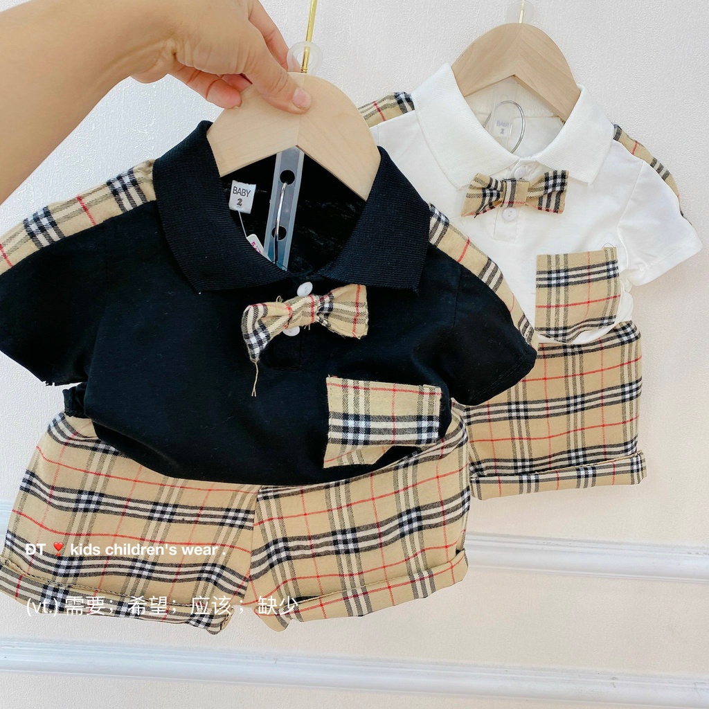 Bộ quần áo bé trai, bộ đồ bé trai cổ bẻ nơ ngực kết hợp quần kẻ BURBERRY siêu hót từ 8-20kg