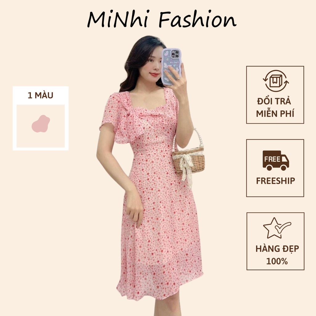 Đầm hoa nhí dự tiệc màu hồng, Váy voan hoa nhí nơ cổ hồng Cao Cấp dáng xòe tay ngắn, nữ tính quyến rũ - MiNhi Fashion