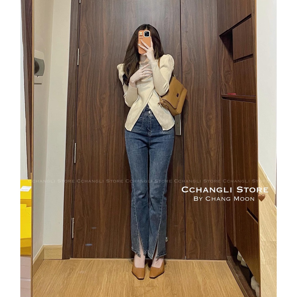 Quần jean nữ ống loe xanh xẻ gấu cạp cao,quần bò ôm xẻ gấu co dãn,quần nữ túi trước