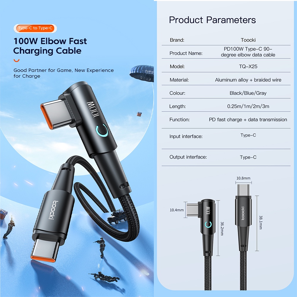 Dây cáp sạc nhanh TOOCKI truyền dữ liệu đầu USB Type C xoay góc 90 độ PD 100W có đèn LED cho laptop Xiaomi Samsung
