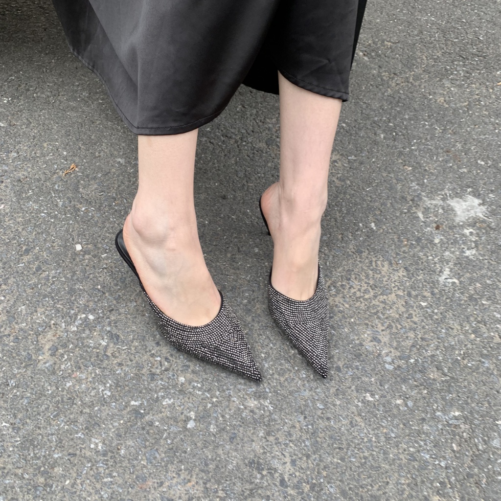 Dép Cao Gót Mũi Nhọn Đính Đá Lấp Lánh Phong Cách Mới 2023