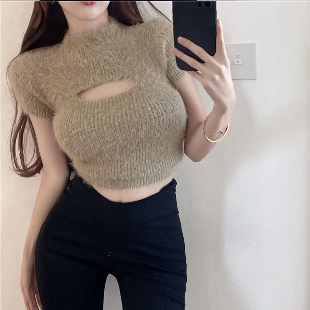 Áo Len Dệt Kim Ngắn Tay Cổ Cao Buộc Dây Màu Trơn Kiểu Hàn Quốc Thời Trang Mùa Thu Cho Nữ