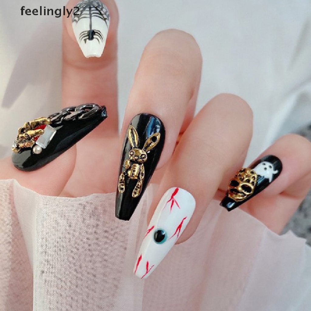 [Hàng Có Sẵn] Set 10 Đinh Tán Kim Loại Mạ Vàng / Bạc Đính Móng Tay Phong Cách Punk Halloween Ch (F)