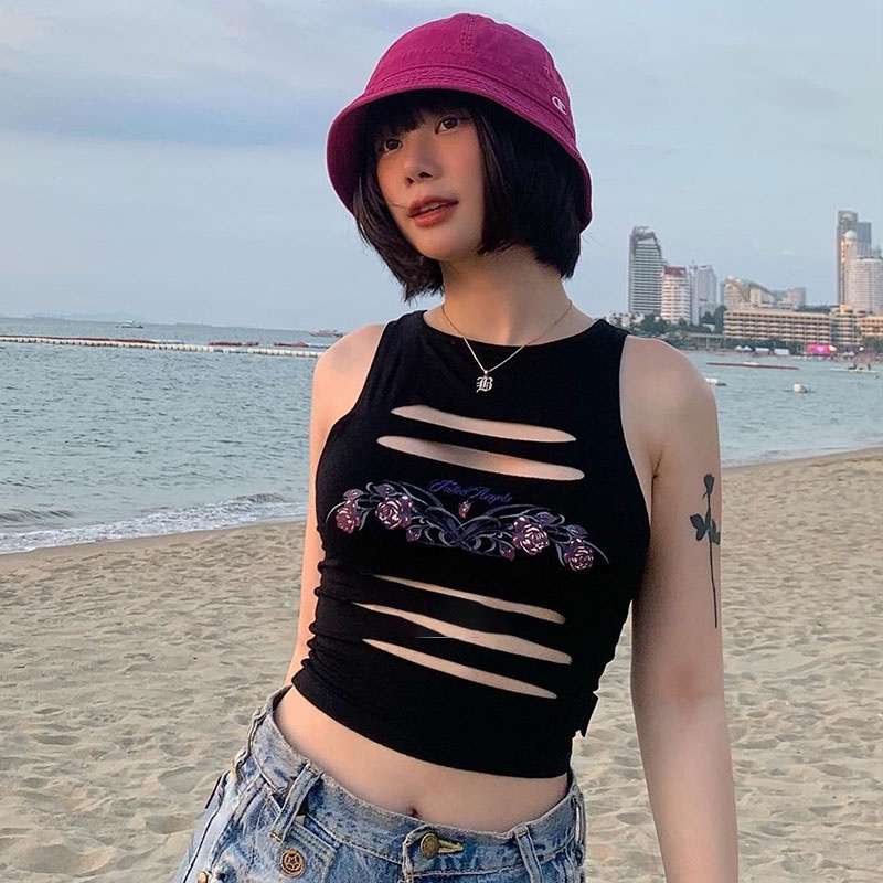 Áo Tank Top Sát Nách Dáng Ôm In Họa Tiết Lỗ Thời Trang Mùa Hè 2023 Mới Quyến Rũ Cho Nữ