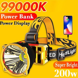 Đèn pha led sạc 200w, đèn pin đội đầu để câu cá, săn bắn, cắm trại