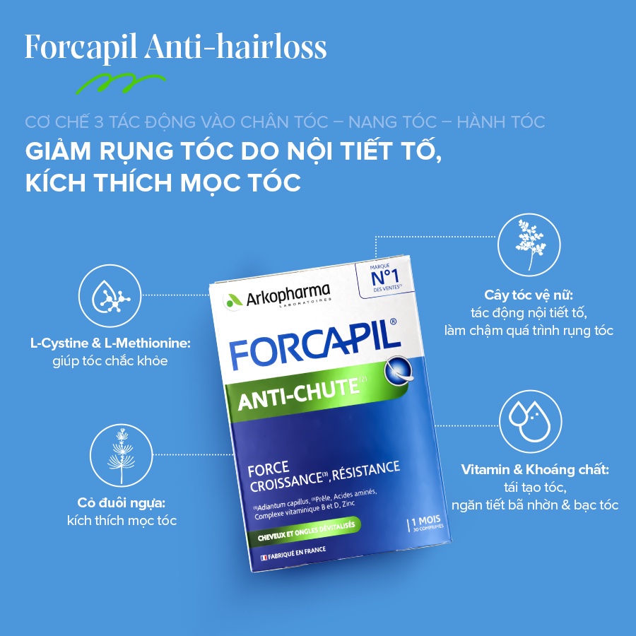 Combo 2 hộp Viên uống giúp giảm rụng, kích thích mọc tóc Arkopharma Forcapil Anti-chute 30 viên/hộp
