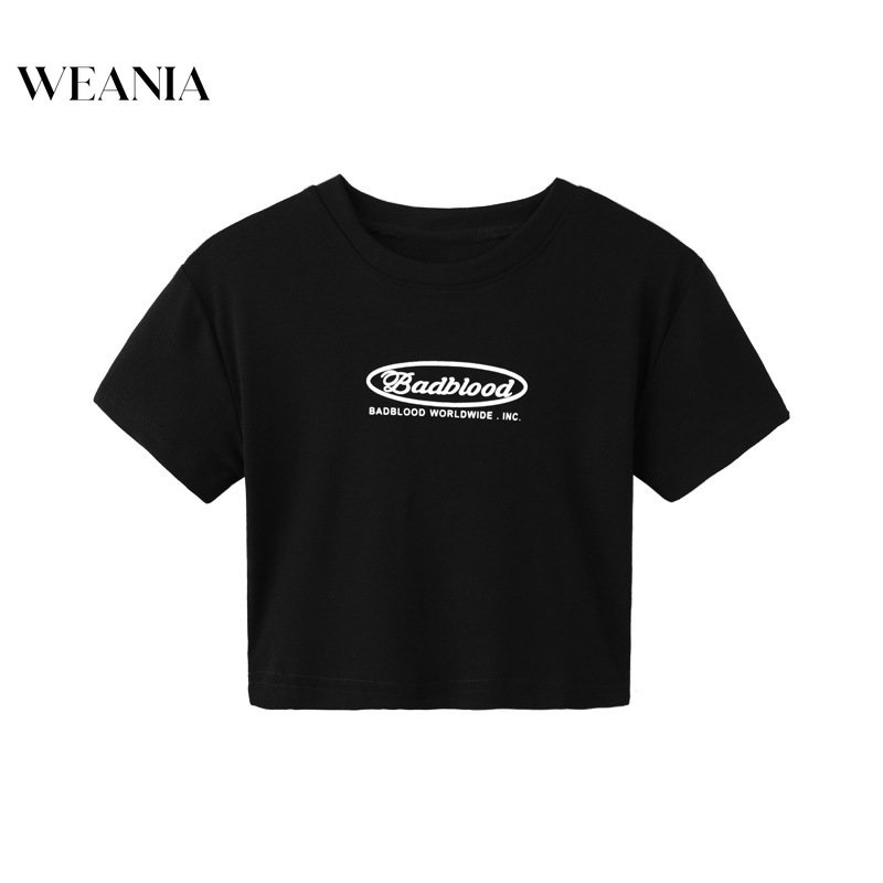 Weania Young Lady Áo Thun Crop Top Ôm Dáng In Chữ Phong Cách Hàn Quốc Cho Nữ