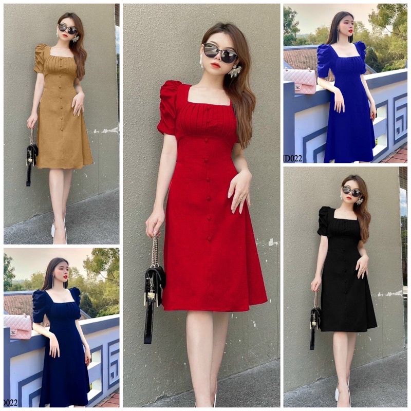Đầm xoè xếp ly cổ vuông nút bọc hàng thiết kế sang trọng có size 3Xl TẶNG KÈM HOA TAI THỜI TRANG