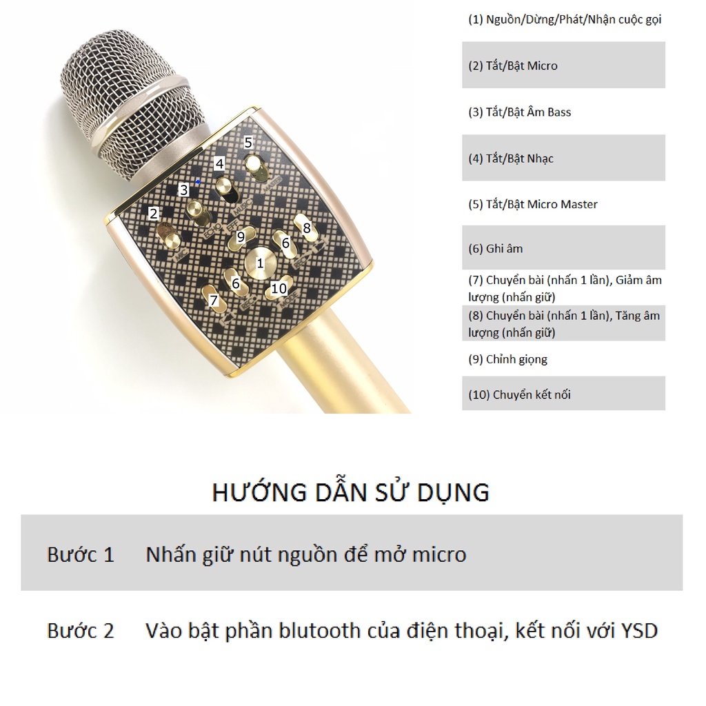 Micro karaoke Growntech YS 95 cao cấp, chất âm siêu hay, hỗ trợ ghi âm khi hát, giá rẻ