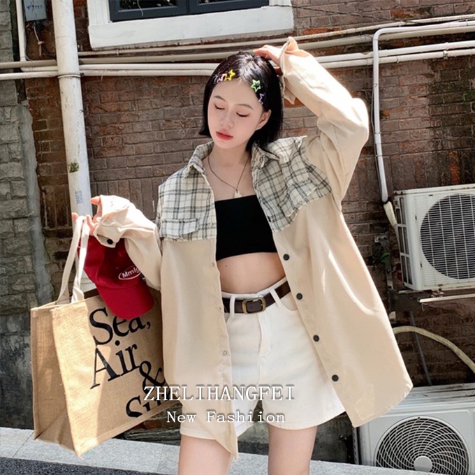 ZHELIHANGFEI Áo Khoác Nhung Kẻ Dài Tay Dáng Rộng Phong Cách Thời Trang Mỹ