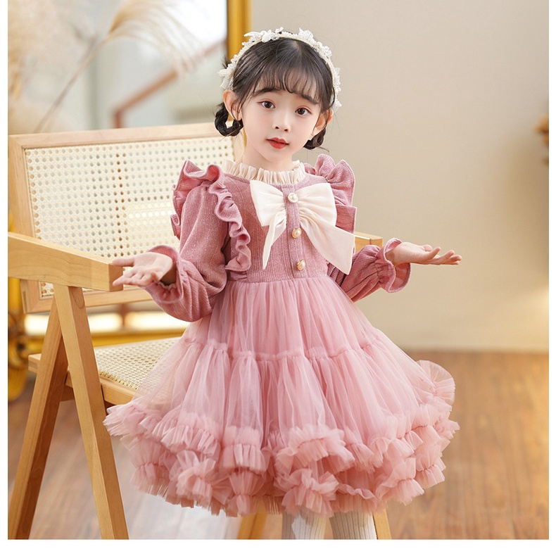 Váy công chúa bé gái mùa đông lót nhung lông dày cho bé đi tết dự tiêc tùng lỡ tay dài DBG111 DBG112