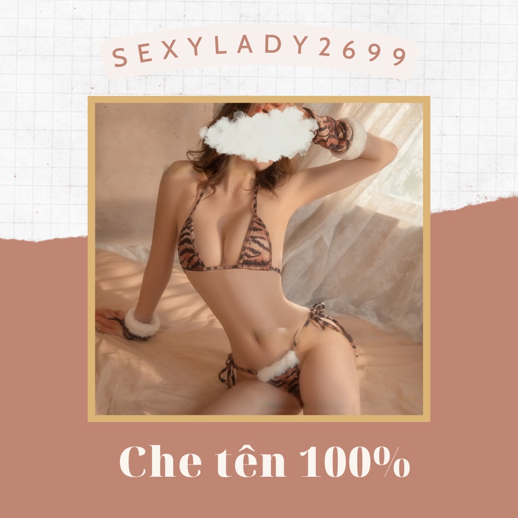 Bikini cosplay hổ vằn, set áo ngực quần lọt khe cột dây sexy gợi cảm kèm nón và bao tay, đồ ngủ váy ngủ 1825