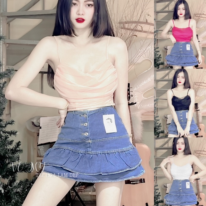 Set áo dây lưới phối chân váy jean đuôi cas