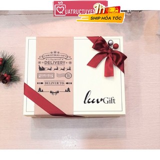 Hộp đựng quà giáng sinh Luvgift màu trắng sữa kèm túi, phụ kiện quả thông, rơm giấy lót, đèn led
