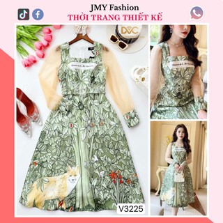 V3225 Váy tafta họa tiết hoa lá phối tay voan [kèm video SP] đầm tiểu thư nữ tính - DVC&ACC