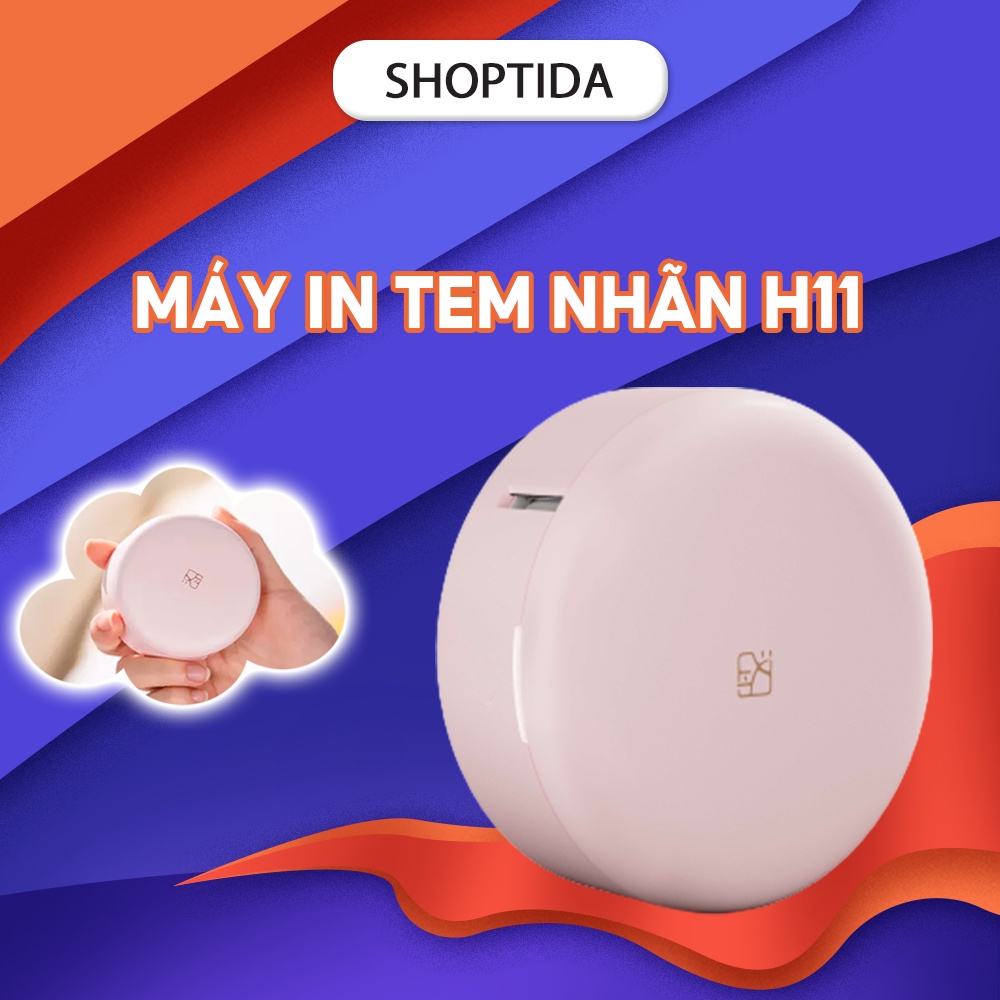 Máy in tem nhãn Shoptida H11 kết nối bluetooth, thiết kế hình hộp phấn hồng nhỏ gọn có kèm tem nhãn