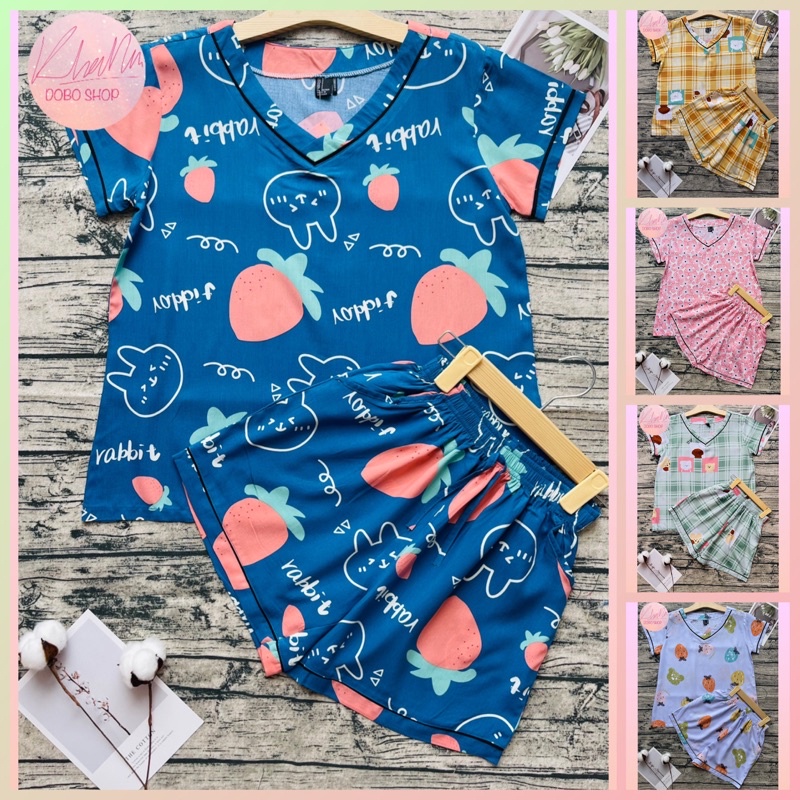 Đồ bộ lanh, đồ bộ tole mặc nhà nữ pyjama quần đùi áo cổ tim viền 50-68 ký, Khả Nhi Dobo Shop