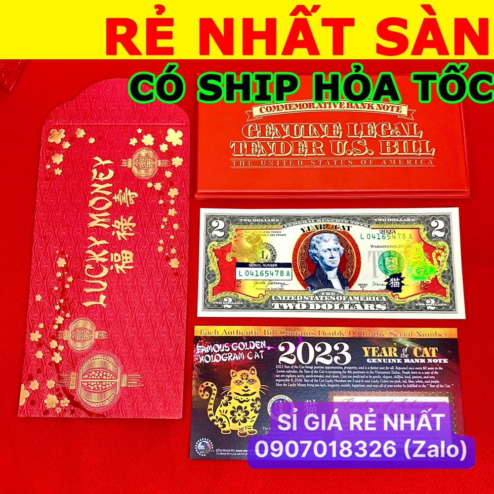 TIỀN LÌ XÌ MAY MẮN - TỜ 2 USD HÌNH CON MÈO 2023 MẠ VÀNG