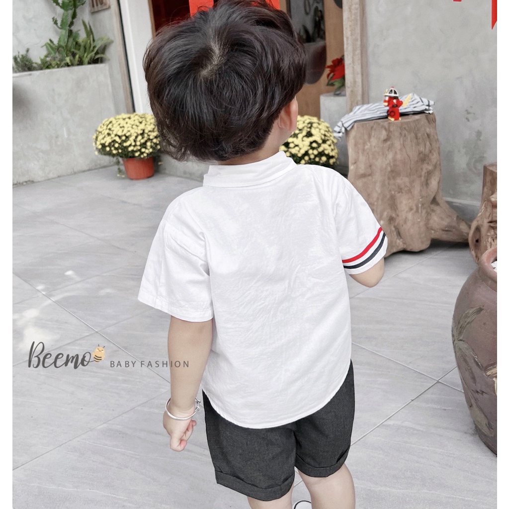 Set bộ sơ mi Beemo cộc tay phối kẻ ba màu kèm cà vạt thấm hút mồ hôi mặc đi học, đi chơi cho bé từ 1 đến 7 tuổi - 23372B