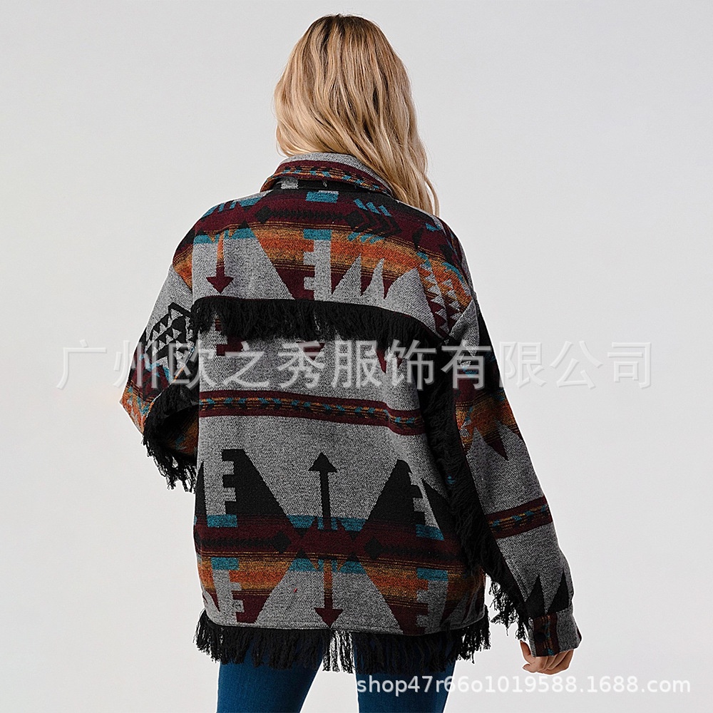 Áo Khoác Len Aztec Dày Dặn Phối Tua Rua Phong Cách Retro Mùa Đông Hàng Mới Bán Chạy