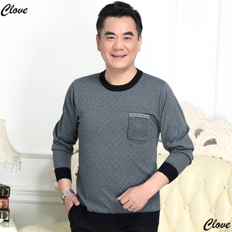 Áo Thun Tay Dài Cổ Tròn Có Túi Dáng Rộng Thời Trang Xuân Thu Kiểu Mới Cho Nam Trung Niên 50-60