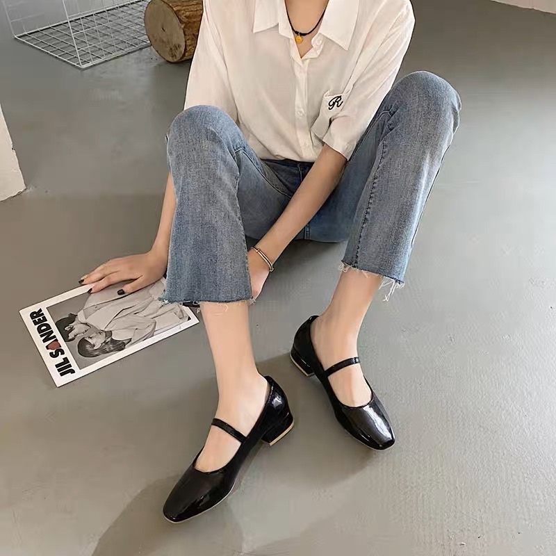 Giày búp bê Mary Jane cho nữ da trơn đế thấp 2cm có quai cài