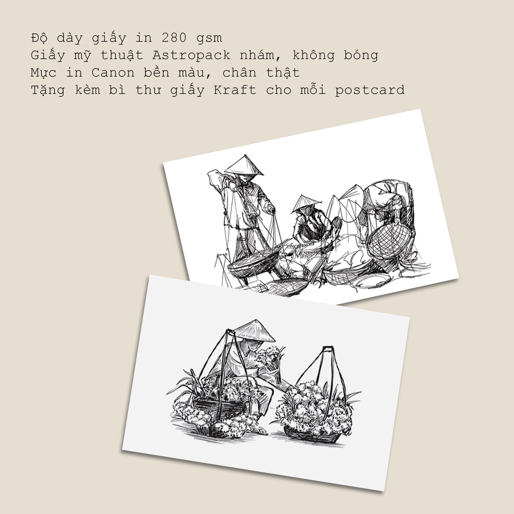 Postcard, thiệp trang trí decor chủ đề Việt Nam ký họa kích thước 10x15 P3 Tặng kèm bao thư kraft cho mỗi postcard