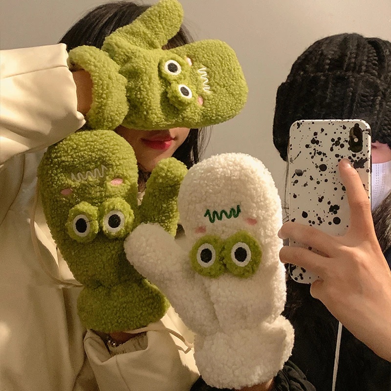 Găng Tay Giữ Ấm Mùa Đông Mềm Mại Dày Dặn Chống Gió Hình Chú Ếch Mắt To Cho Học Sinh / Văn Phòng