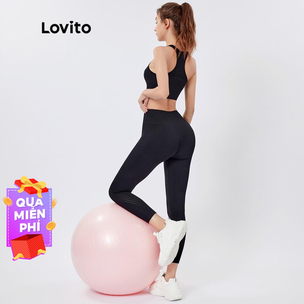 Set đồ thể thao Lovito màu trơn không đường may cơ bản phong cách năng động L26AD049 (màu đen)
