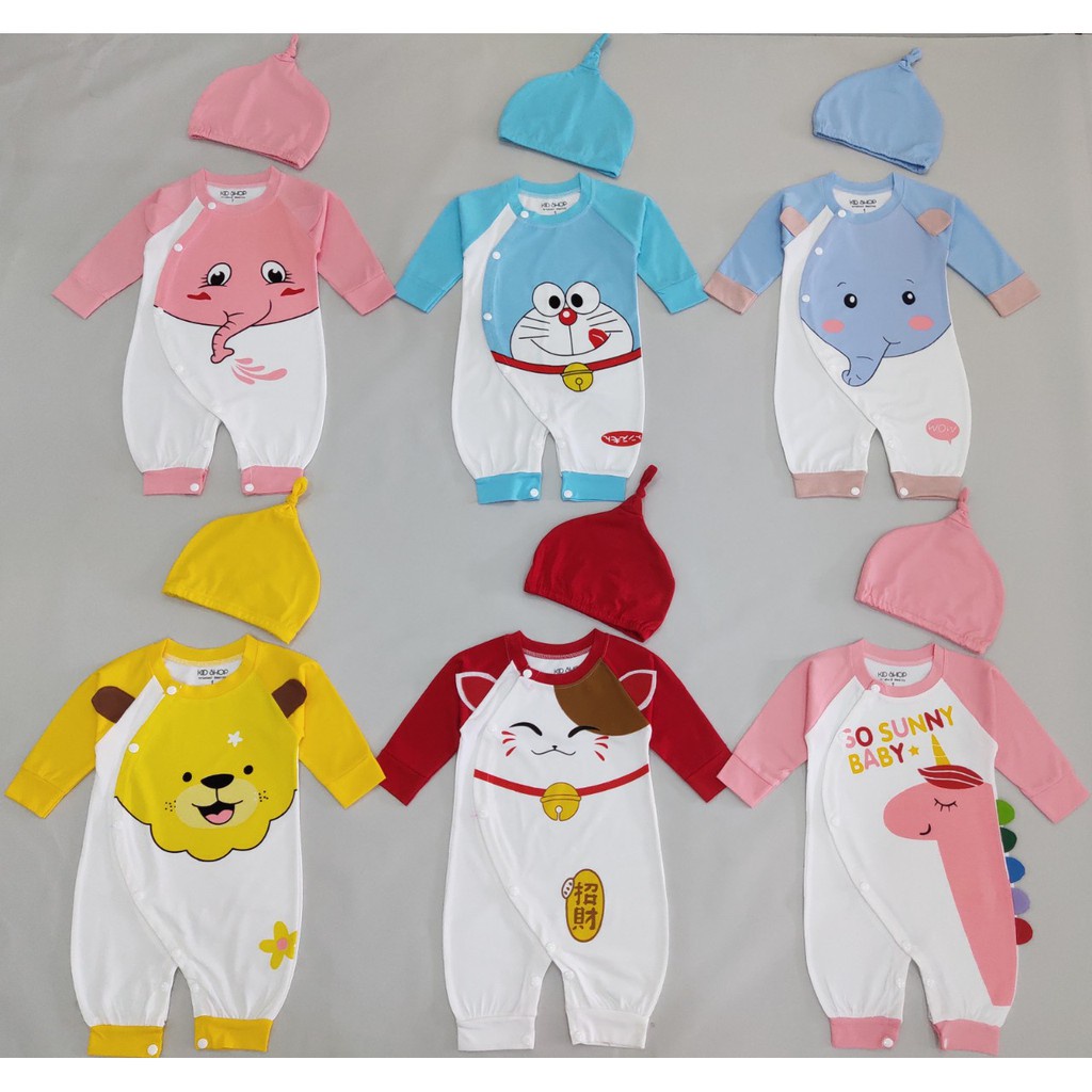 Bodysuit cho bé trai bé gái chất cotton Body dài tay liền thân KÈM MŨ cho bé sơ sinh 3-12kg SLT15