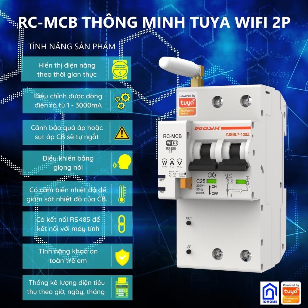 Aptomat CB thông minh Wifi/ Zigbee qua App Smart life Tuya, Công suất 25,40,63, 80A - 1P, 2P, 3P,4P Điều khiển giọng nói