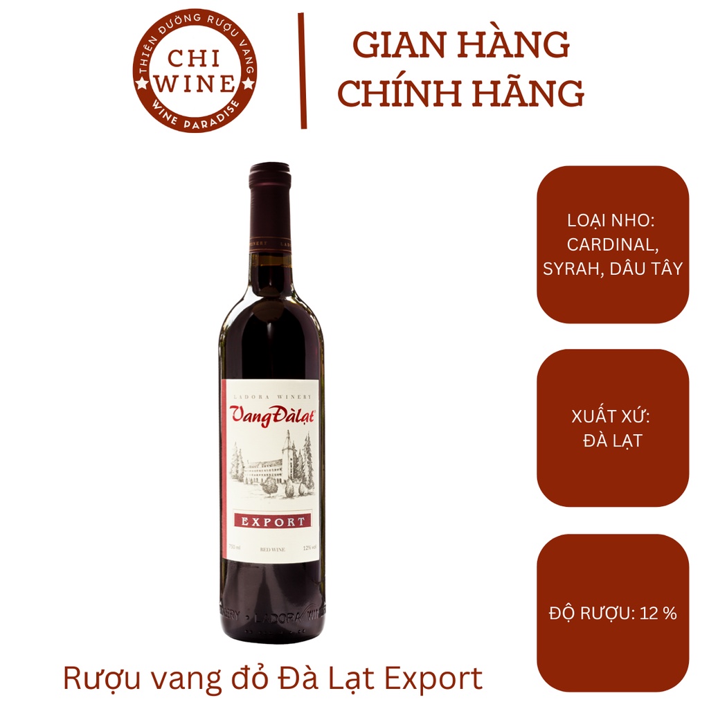 Rượu vang đỏ Đà Lạt Export 12% chai 750ml