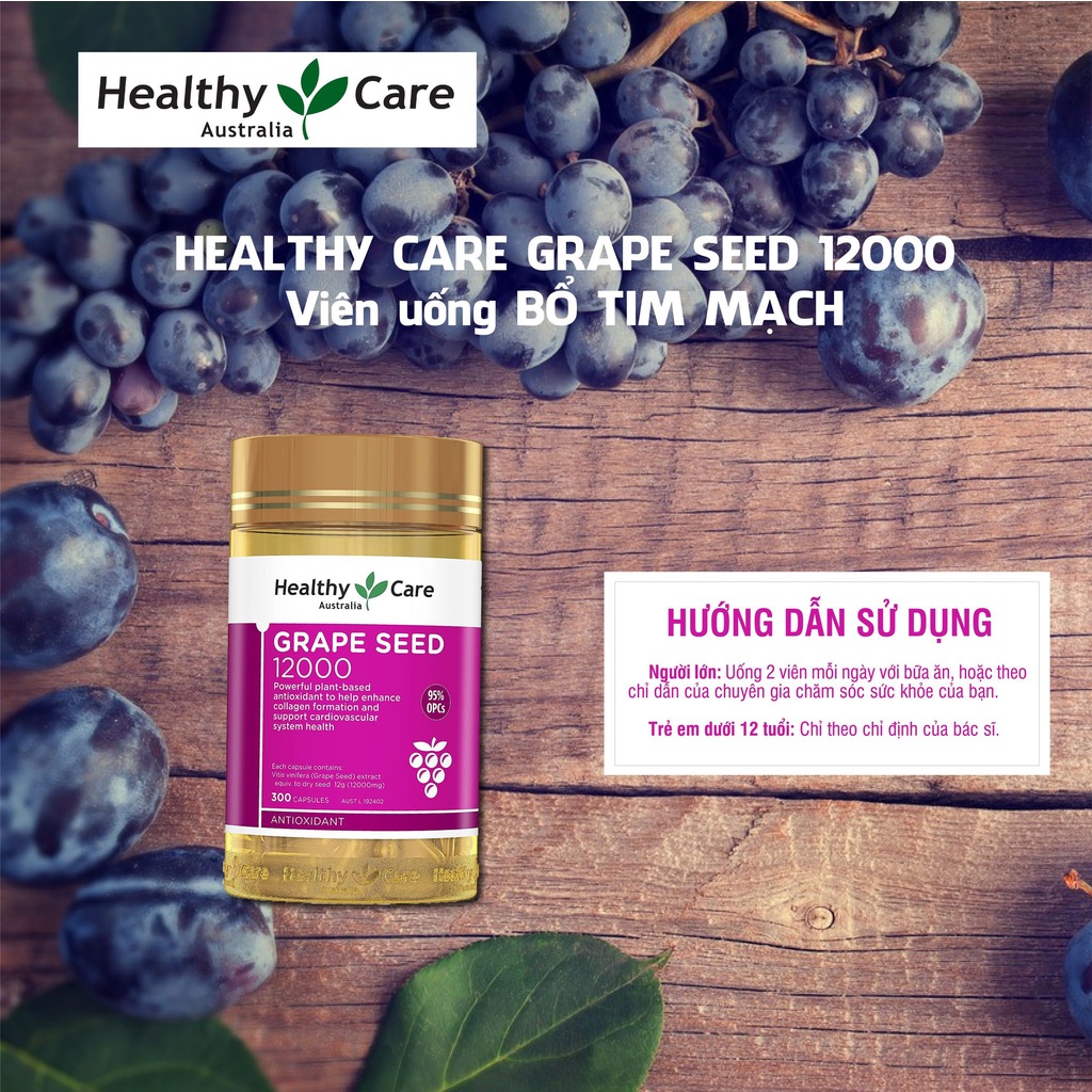 Viên uống tinh chất nho giúp lưu thông máu Healthy Care Grape Seed 12000mg 300 viên