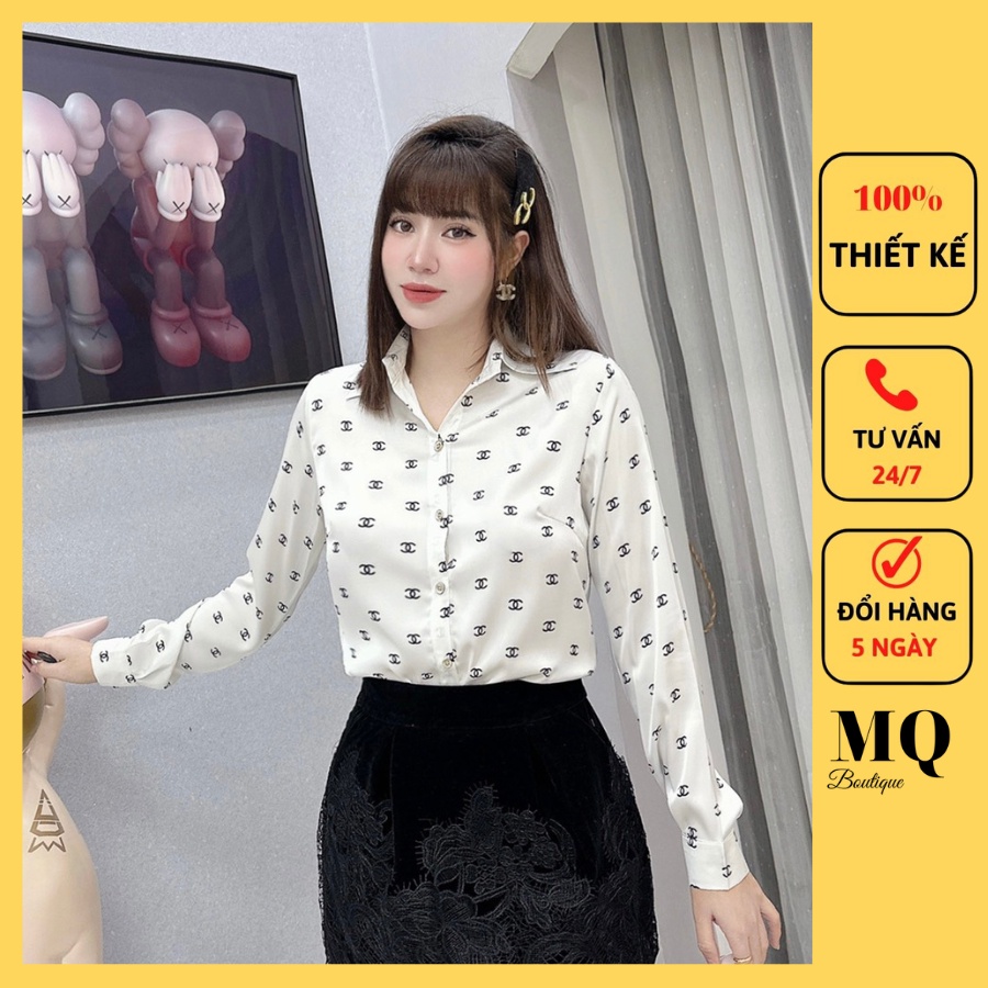 Áo lụa sơ mi nữ dài tay cao cấp công sở họa tiết chữ CC đan nhỏ nền đen trắng , áo sơ mi thiết kế MQ Boutique