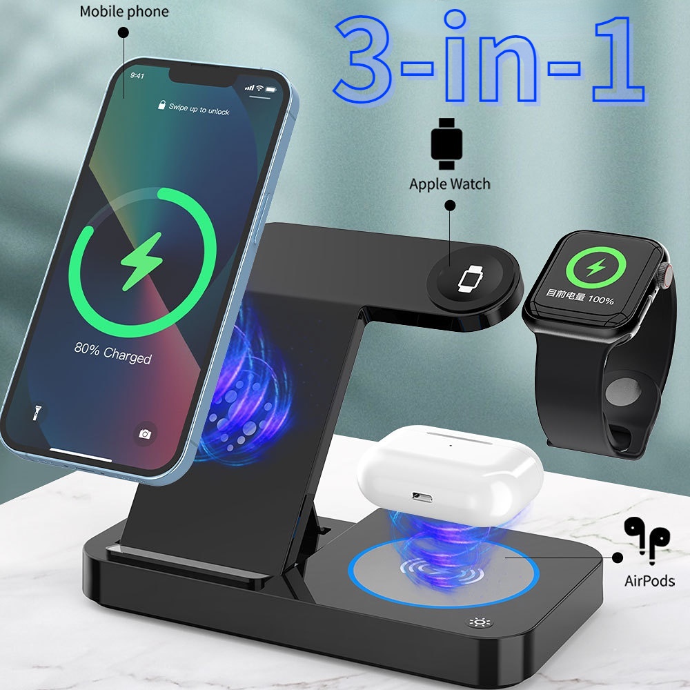 Đế Sạc Nhanh Không Dây 3 Trong 1 15W Cho Apple iWatch 6 / 5 / 4 / 3 / 2 / 1Airpods Pro 14 / 13 Pro / Pro Max / 12 / 11 / X / Xr / Xs / 8 / Samsung Galaxy