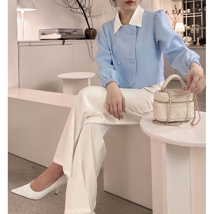 SET ÁO XANH XỐP TAY BO ĐÍNH NÚT CỔ TRẮNG + QUẦN SUÔNG TRẮNG XẺ (TH)