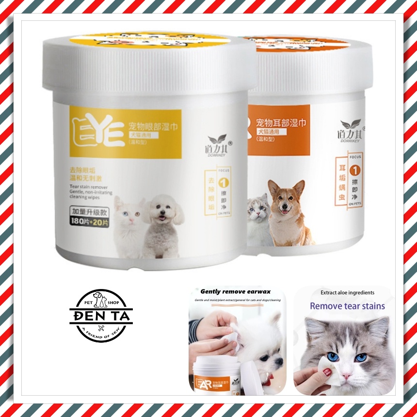 Giấy ướt lau tai mắt thú cưng chó mèo chiết xuất lô hội Dorrikey hộp 200 miếng – Đen Ta pet shop