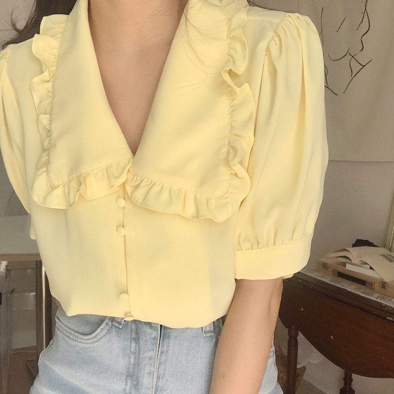 Áo Sơ Mi Voan Cổ Búp Bê Phong Cách Hàn Quốc Thời Trang Mùa Hè Dành Cho Nữ Tj408