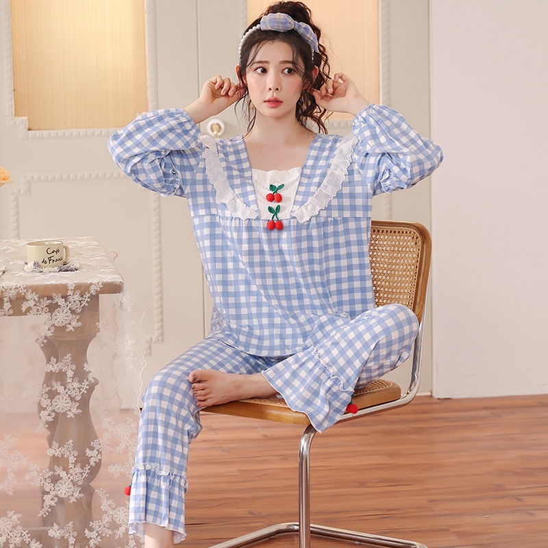 Bộ Đồ Ngủ Tay Dài Họa Tiết Caro Phối Ren Dễ Thương Thời Trang Xuân Thu Cho Nữ