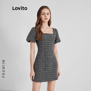 Đầm Lovito cổ vuông tay phồng vải tweed màu trơn thanh lịch L27ED106 (màu đen)