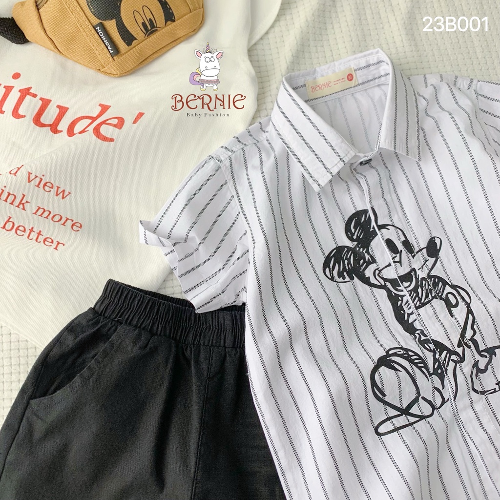 Bộ sơ mi kẻ sọc hoạ tiết mikcy cá tính cho bé trai, set sơ mi kèm quần kaki bé trai sành điệu