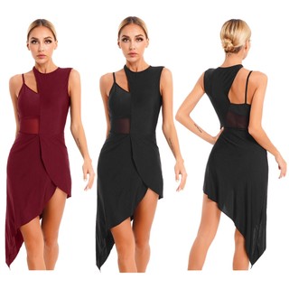 Nữ Khiêu Vũ Trình Diễn Trang Phục Sheer Lưới Chắp Vá Không Tay Viền Bất Đối Xứng Đầm Khiêu Vũ
