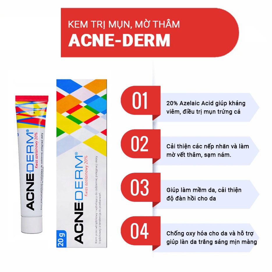 Kem Acne Derm 20% giảm mụn thâm mờ nám, mụn trứng cá sáng da - Acid Azelaic 20% 20g