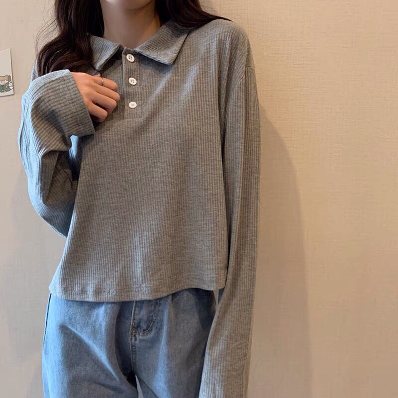Áo Phông Polo A068 Tay Dài Bằng Cotton 2 Màu Đen XámThời Trang Thu Đông Cho Nữ