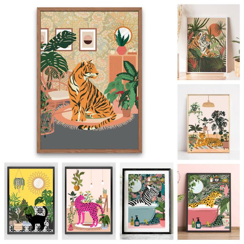 Tranh Vải Bạt Treo Tường In Hình Hổ / Nhà / Mèo Trang Trí Nhà Cửa Phong Cách Boho