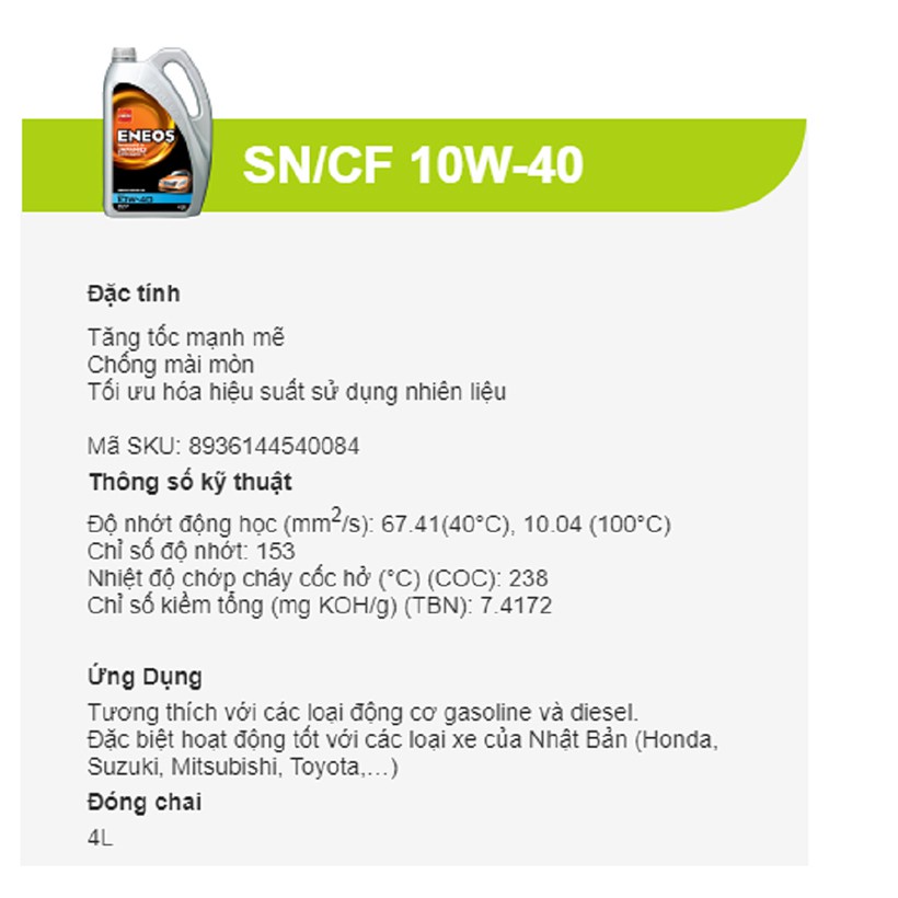 Nhớt ENEOS SN/CF 10W40 – Can 4L xe hơi, xe ga, Oto ô tô