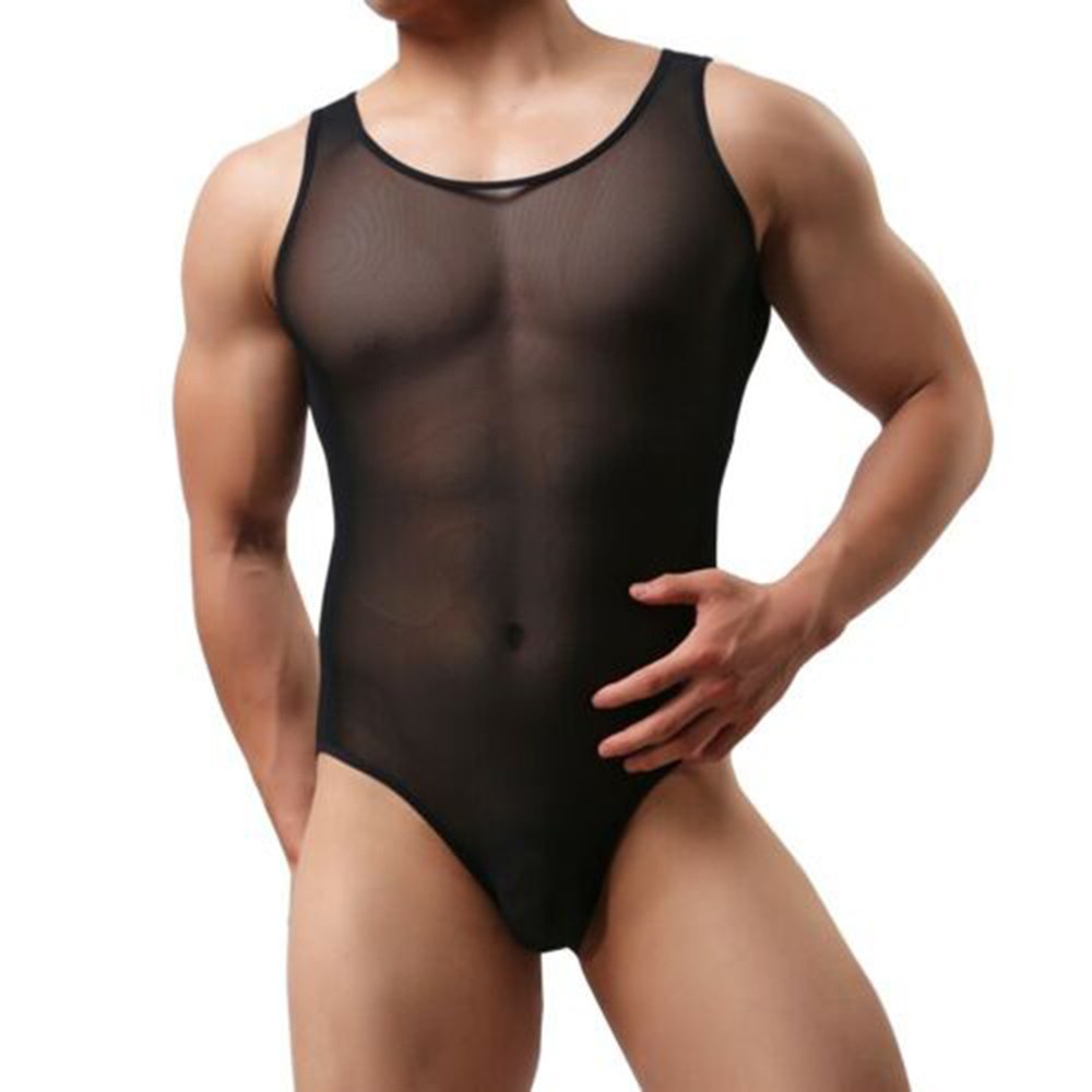 Men Leotard Black/White Bodysuit Sheer Sleeveless Jockstrap Bulge Pouch Brief Underwear
