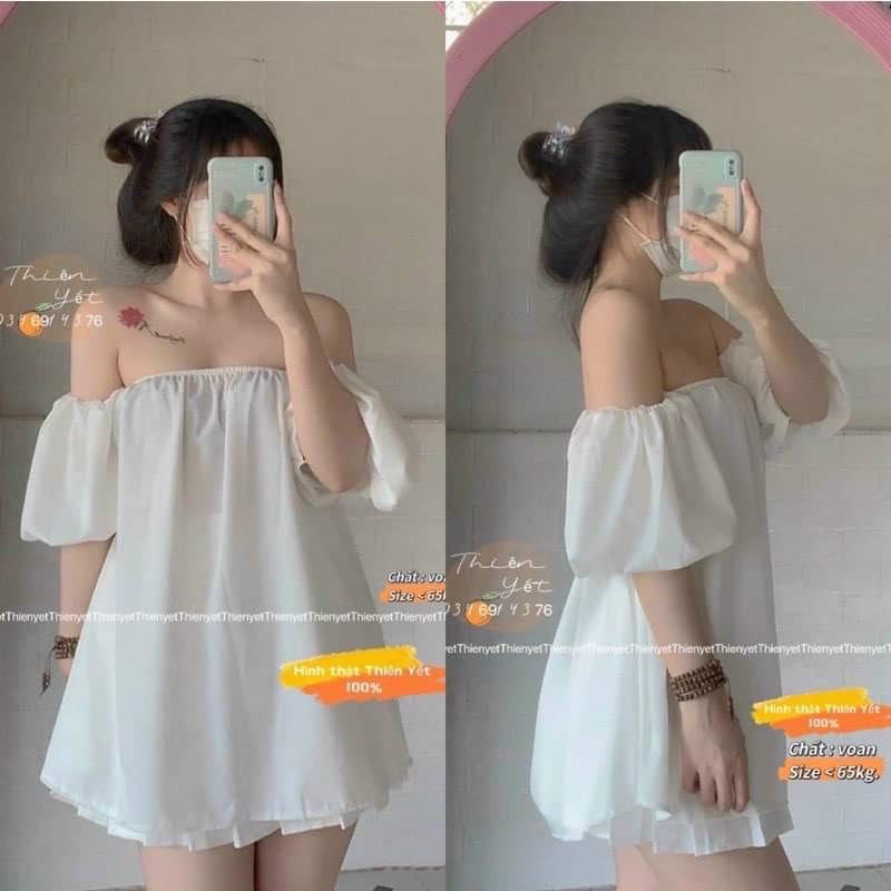 Váy trễ vai tay bồng - Đầm trễ vai tay lửng babydoll dáng xòe ngắn phong cách tiểu thư nhẹ nhàng
