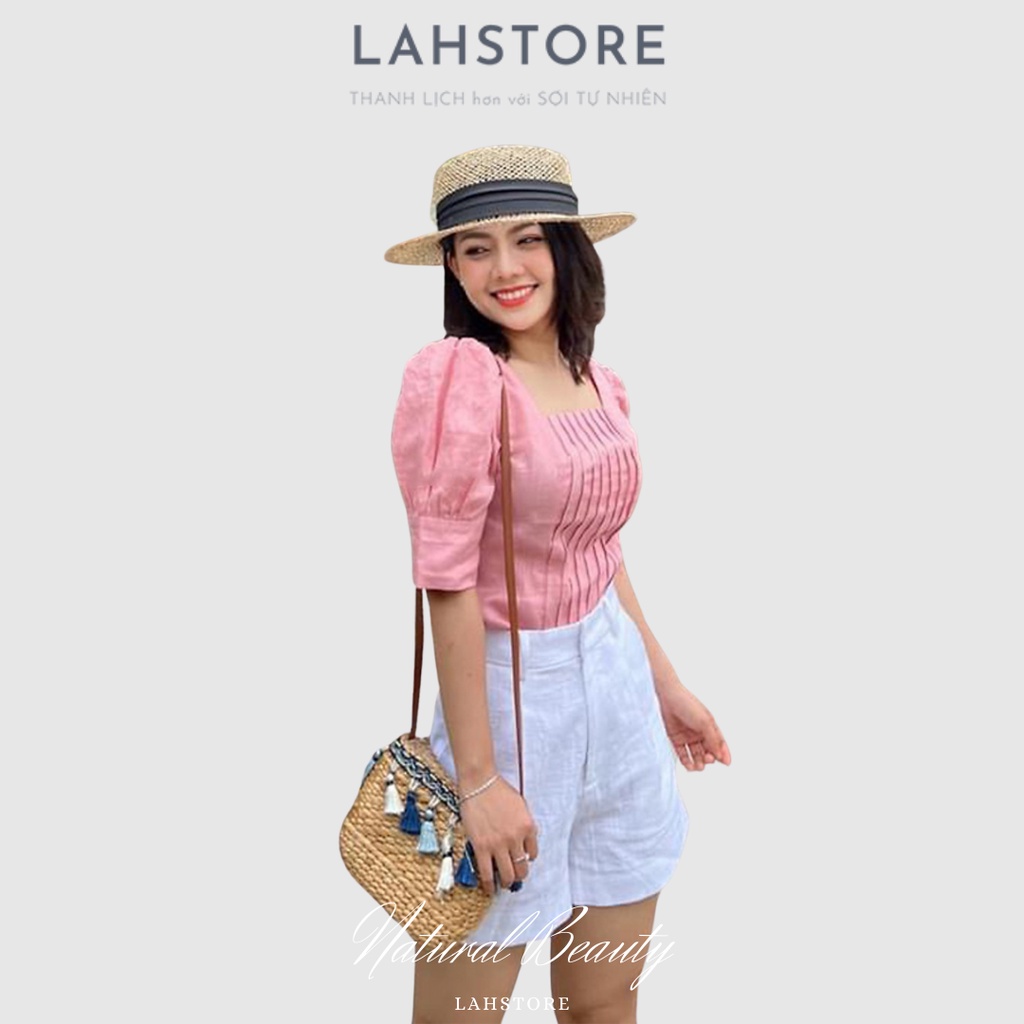 Áo kiểu nữ Linen Hàn xếp ly LAHSTORE thiết kế cổ vuông tay bồng AKNL03