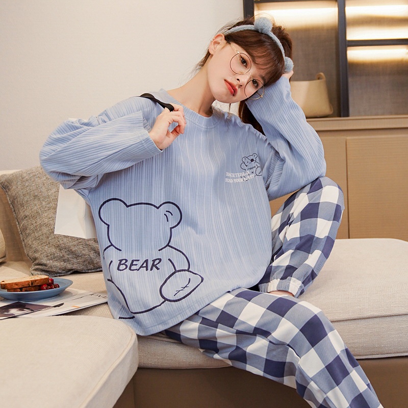 Bộ Đồ Ngủ Chất Liệu Cotton Tay Dài Họa Tiết Kẻ Sọc Đơn Giản Thời Trang Xuân Thu Cho Nữ